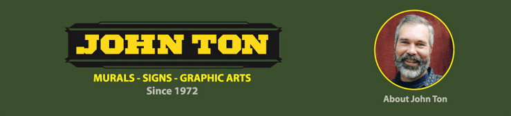 logo for John Ton and photo of John Ton, muralist and sign maker